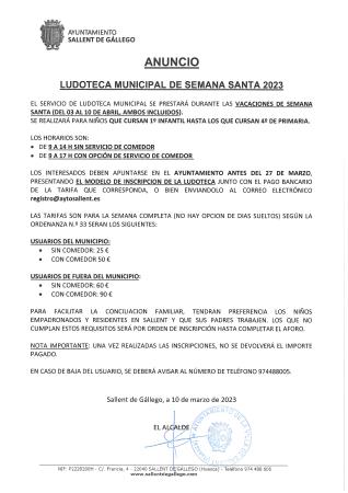 Imagen ANUNCIO LUDOTECA MUNICIPAL SEMANA SANTA 2023