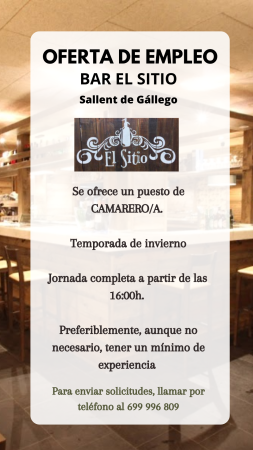 Imagen PUESTO DE CAMARERO/A - BAR EL SITIO
