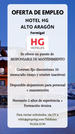 Imagen PUESTO DE RESPONSABLE DE MANTENIMIENTO - HOTEL HG ALTO ARAGOÓN