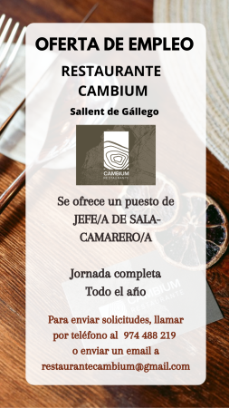 Imagen PUESTO DE JEFE/A DE SALA- CAMARERO/A - RESTAURANTE CAMBIUM