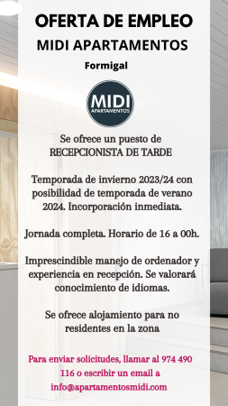 Imagen PUESTO DE RECEPCIONISTA DE TARDES - MIDI APARTAMENTOS