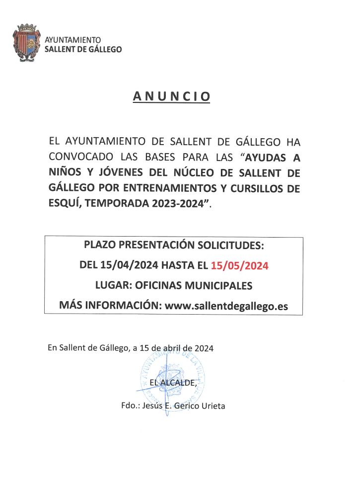 Imagen Ayudas a niños y jóvenes de la localidad de Sallent de Gállego, por entrenamientos y cursillos durante la temporada 2023/2024.