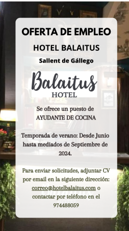 Imagen PUESTO DE AYUDANTE DE COCINA - HOTEL BALAITUS
