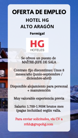 Imagen PUESTO DE MAÎTRE-JEFE/A DE SALA- HOTEL HG ALTO ARAGON