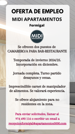 Imagen DOS PUESTOS COMO CAMARERO/A - APARTAMENTOS MIDI