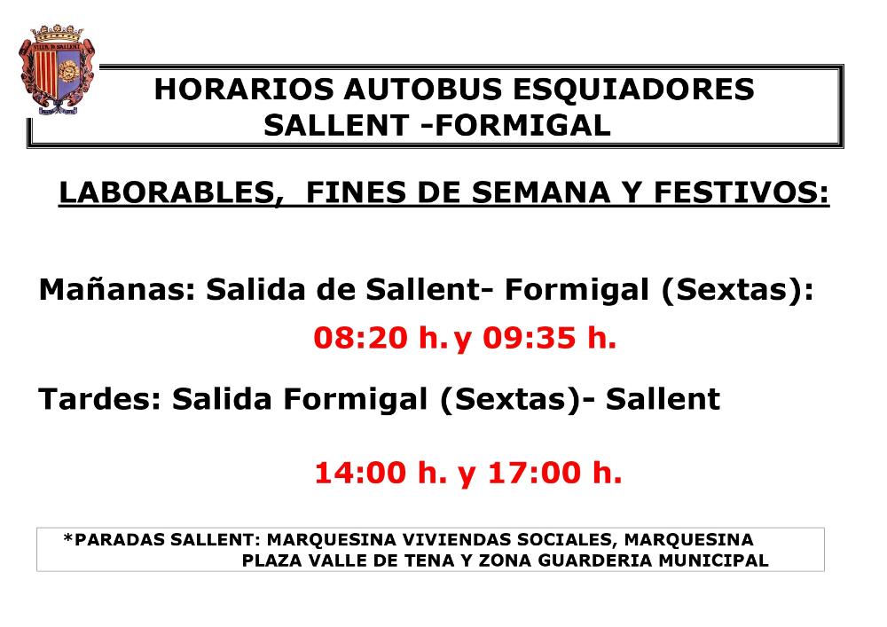 Imagen HORARIO AUTOBUS TRANSPORTE ESQUIADORES SALLENT-FORMIGAL