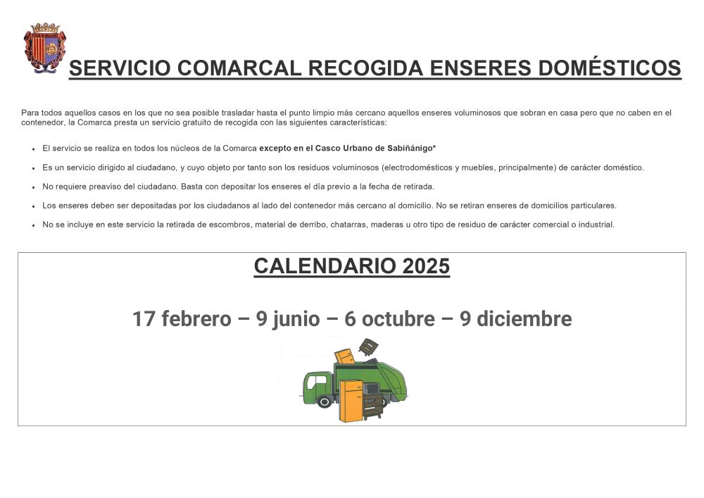 Imagen CALENDARIO SERVICIO COMARCAL DE RECOGIDA DE ENSERES 2025