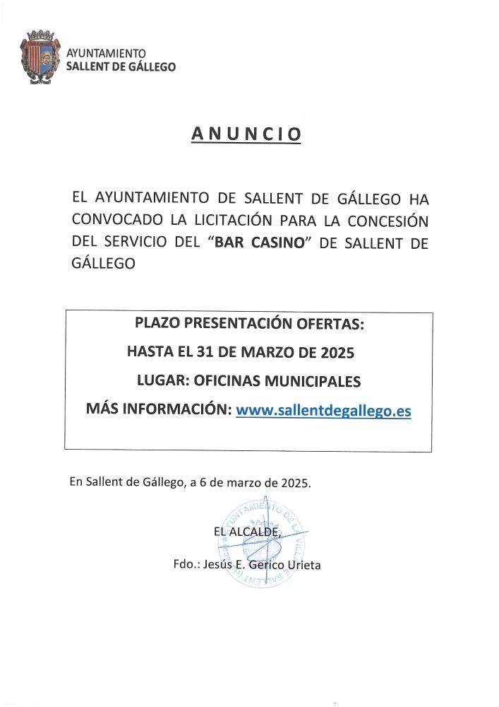 Imagen LICITACION CONTRATO GESTIÓN SERVICIO BAR- CASINO DE SALLENT DE GÁLLEGO