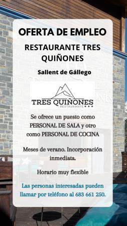 Imagen PERSONAL DE SALA Y DE COCINA-RESTAURANTE TRES QUIÑONES