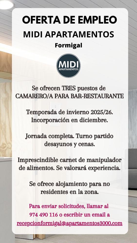 Imagen TRES PUESTOS DE CAMARERO/A-MIDI APARTAMENTOS