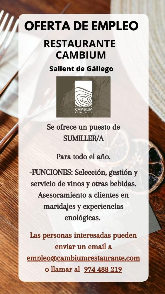 Imagen PUESTO DE SUMILLER/A-RESTAURENTE CAMBIUM PIRINEOS