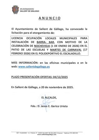 Imagen CONVOCATORIA LICENCIA OCUPACION PARA INSTALACION BARRA-BAR PARA...
