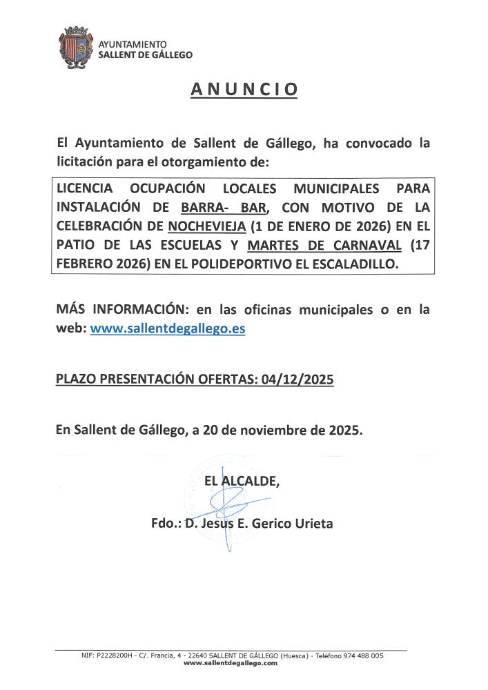 Imagen CONVOCATORIA LICENCIA OCUPACION PARA INSTALACION BARRA-BAR PARA NOCHEVIEJA Y CARNAVAL 2026