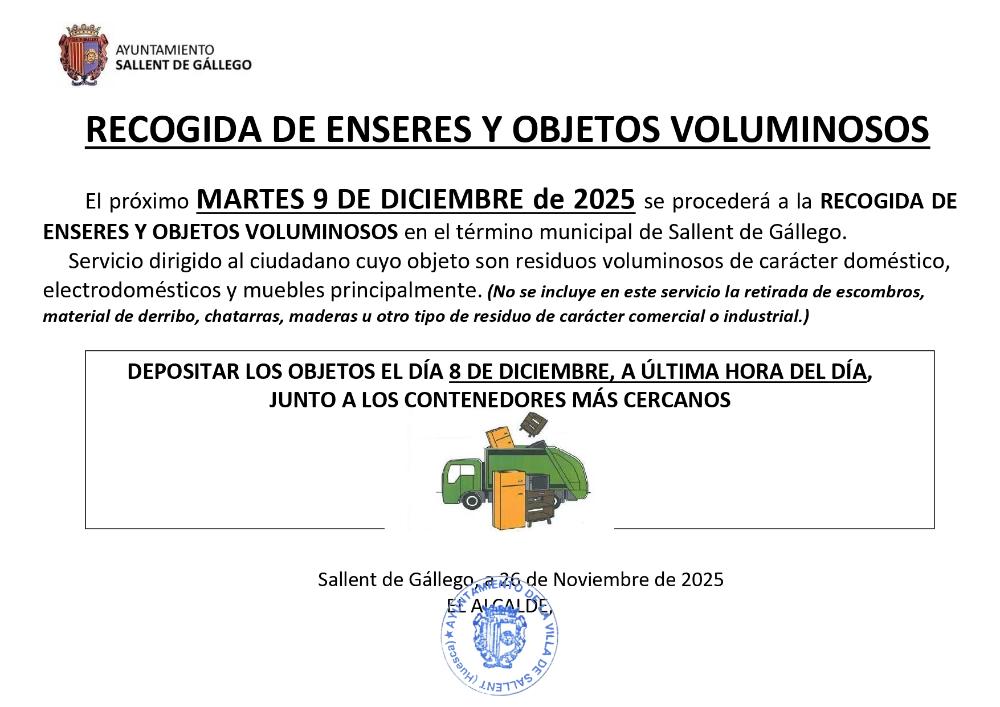 Imagen RECOGIDA ENSERES VOLUMINOSOS MARTES 9 DE DICIEMBRE 2025