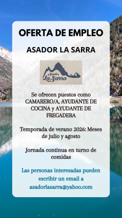 Imagen CAMARERO/A, AYUNDANTE DE COCINA Y DE FREGADERA-ASADOR LA SARRA