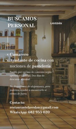 Imagen AYUDANTE DE COCINA Y CAMARERO/A- RESTAURANTE LAVEDÁN