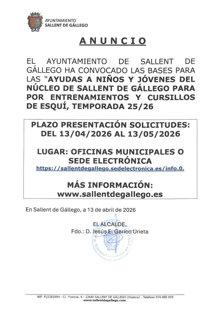 Imagen AYUDAS A NIÑOS Y JÓVENES DEL NÚCLEO DE SALLENT DE GÁLLEGO POR ENTRENAMIENTOS Y CURSILLOS DE ESQUÍ