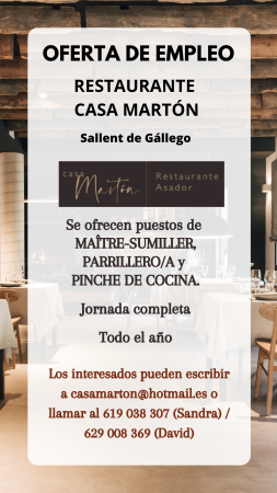 Imagen MAÎTRE-SUMILLER, PARRILLERO/A y PINCHE DE COCINA- RESTAURANTE CASA MARTÓN