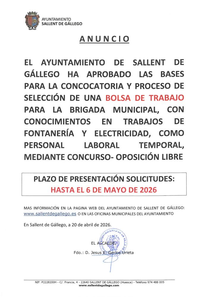 Imagen CONVOCATORIA BASES PROCESO SELECCIÓN BOLSA DE TRABAJO PARA LA BRIGADA MUNICIPAL