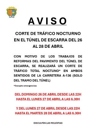 Imagen CORTE DE TRÁFICO NOCTURNO EN EL TÚNEL DE ESCARRA DEL 26 AL 28 DE ABRIL