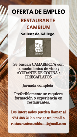 Imagen CAMARERO/A y AYUDANTE DE COCINA Y DE FREGADERA - RESTAURANTE CAMBIUM...