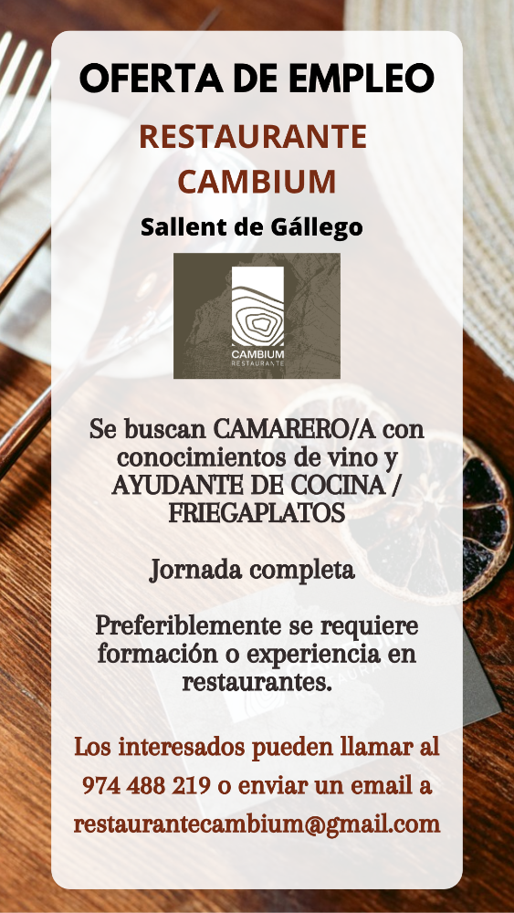Imagen CAMARERO/A y AYUDANTE DE COCINA Y DE FREGADERA - RESTAURANTE CAMBIUM PIRINEOS