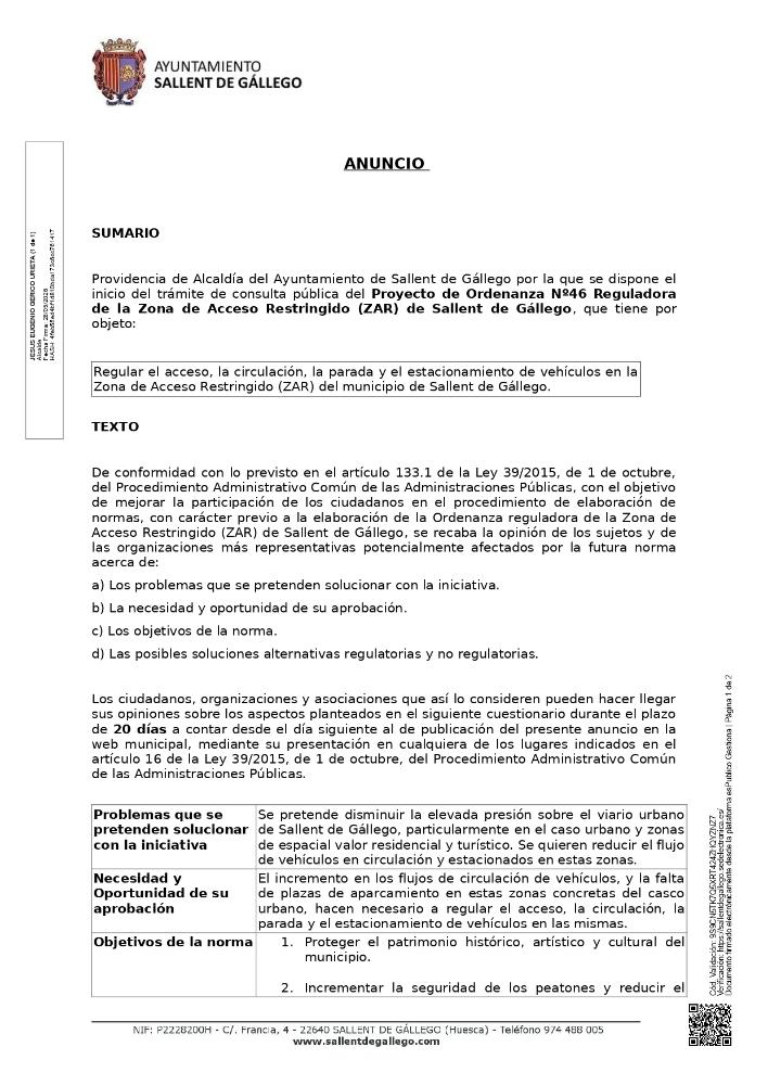 Imagen CONSULTA PÚBLICA PROYECTO DE ORDANANZA ZONA DE ACCESO RESTRINGIDO (ZAR) DE SALLENT DE GÁLLEGO