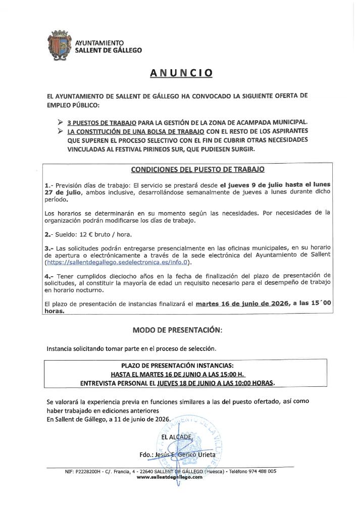 Imagen OFERTA EMPLEO REFUERZO PLANTILLA ZONA ACAMPADA PIRINEOS SUR