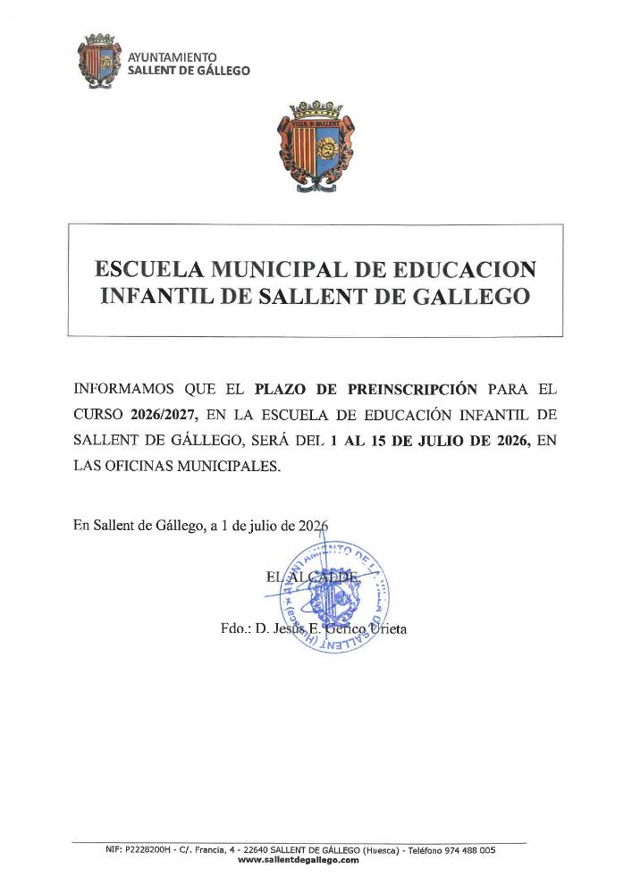 Imagen ANUNCIO PRESINSCRIPCIÓN ESCUELA INFANTIL DE SALLENT DE GÁLLEGO, CURSO 26-27