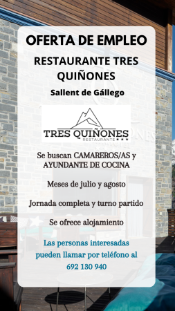 Imagen CAMAREROS/AS Y AYUDANTE DE COCINA - RESTAURANTE TRES QUIÑONES