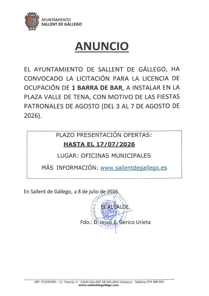 Imagen LICENCIA OCUPACIÓN BARRA BAR FIESTAS AGOSTO DE SALLENT DE GÁLLEGO
