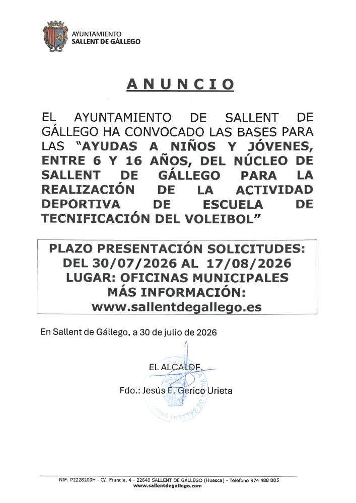 Imagen AYUDAS A NIÑOS Y JÓVENES DEL NUCLEO DE SALLENT DE GÁLLEGO PARA LA ACTVIDAD DEPORTIVA DE VOLEIBOL