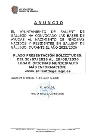 Imagen AYUDAS AL NACIMIENTO NIÑOS NACIDOS Y RESIDENTES EN SALLENT DE GALLEGO,...