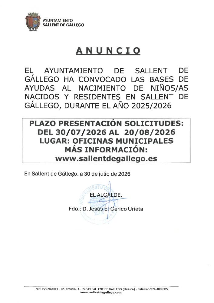 Imagen AYUDAS AL NACIMIENTO NIÑOS NACIDOS Y RESIDENTES EN SALLENT DE GALLEGO, DURANTE 2025-2026