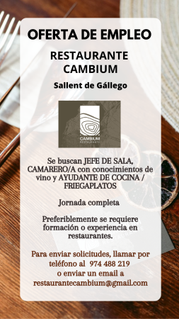 Imagen JEFE/A DE SALA, CAMARERO/A y AYUDANTE DE COCINA Y DE FREGADERA -...