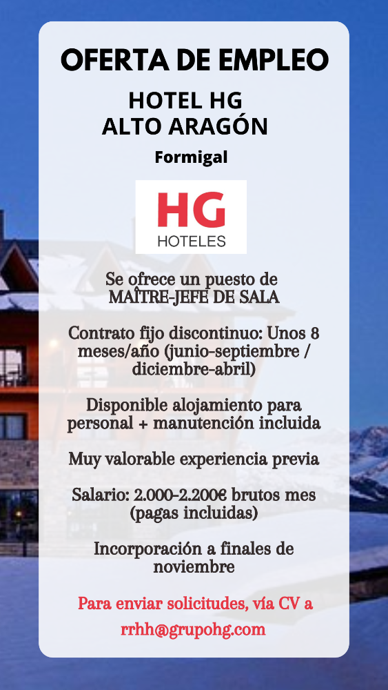 Imagen MAÎTRE / JEFE DE SALA - HOTEL HG ALTO ARAGÓN