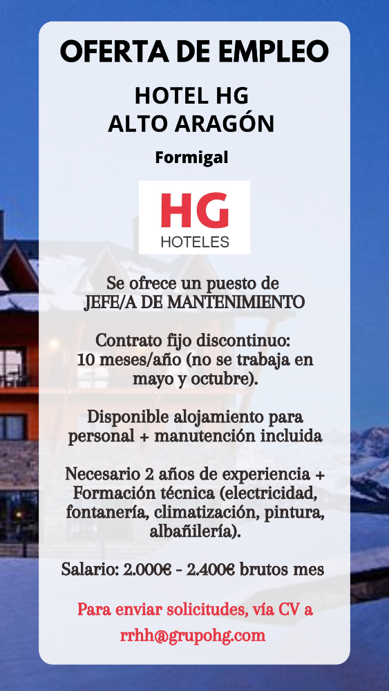Imagen JEFE DE MANTENIMIENTO - HOTEL HG ALTO ARAGÓN