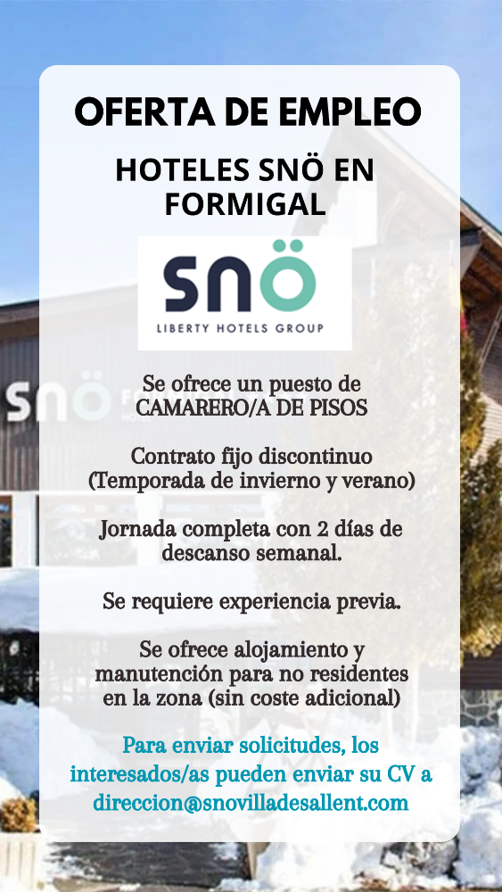 Imagen CAMARERO/A DE PISOS - HOTELES SNö EN FORMIGAL