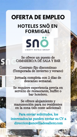 Imagen CAMARERO/A - HOTELES SNö EN FORMIGAL