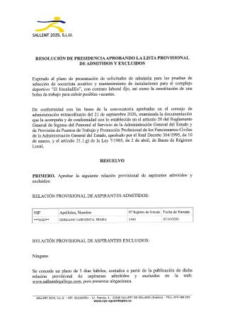 Imagen RESOLUCIÓN DE PRESIDENCIA APROBANDO LA LISTA PROVISIONAL DE ADMITIDOS Y...